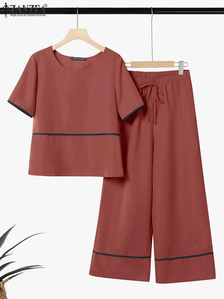 ZANZEA Outfits Wide Leg Pants 2pcs Suits Short Sleeve T-Shirts Women Elegant Casual Pant Sets Contrast-Piping 2 Piece Sets