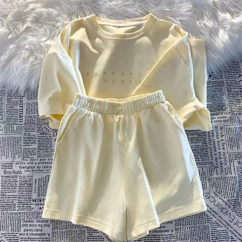 2025 Summer Women Shorts Sets Casual Two Pieces Short Sleeve T Shirts and High Waist Short Pants Solid Outfits Tracksuit 2PCS