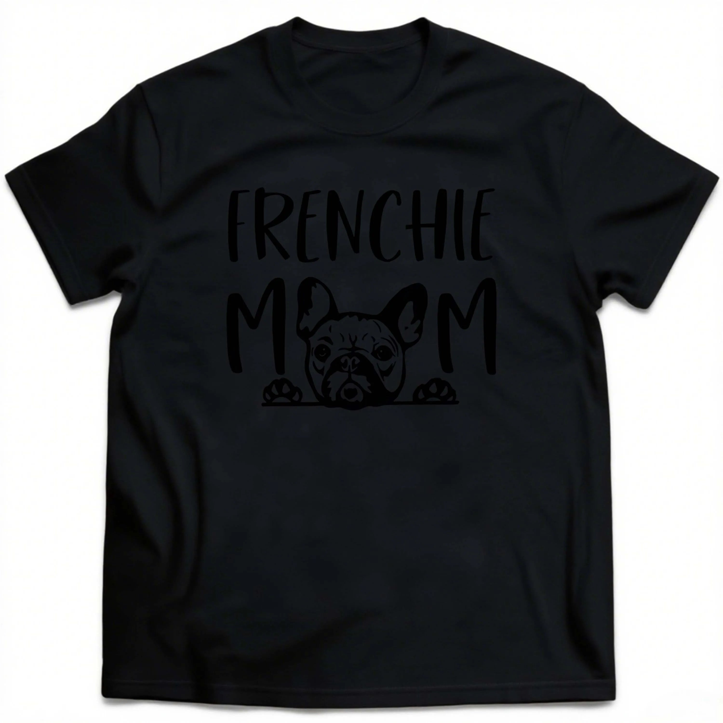 Plus Size Black Short Sleeve T-Shirt with French Bulldog Pattern“Frenchie Mom” Suitable for Outdoor Leisure Wear in Summer