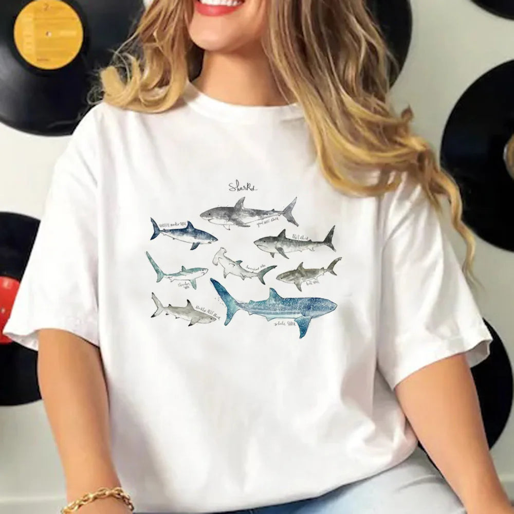 Whales t shirt women crew neck active wear Japanese tshirt female anime y2k clothes