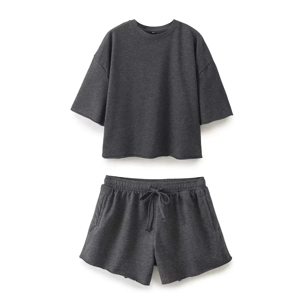 HH Summer Women Vintage Solid Shorts Suit O Neck Short Sleeve T-shirt Drawstring Shorts Loose Casual 2024 Woman Sport Sets