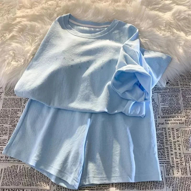 2025 Summer Women Shorts Sets Casual Two Pieces Short Sleeve T Shirts and High Waist Short Pants Solid Outfits Tracksuit 2PCS