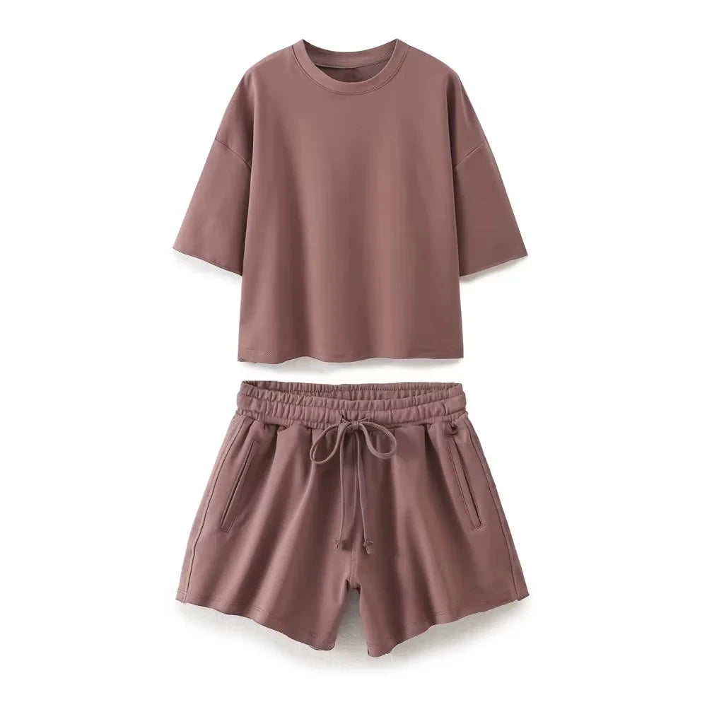 HH Summer Women Vintage Solid Shorts Suit O Neck Short Sleeve T-shirt Drawstring Shorts Loose Casual 2024 Woman Sport Sets