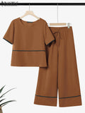 ZANZEA Outfits Wide Leg Pants 2pcs Suits Short Sleeve T-Shirts Women Elegant Casual Pant Sets Contrast-Piping 2 Piece Sets