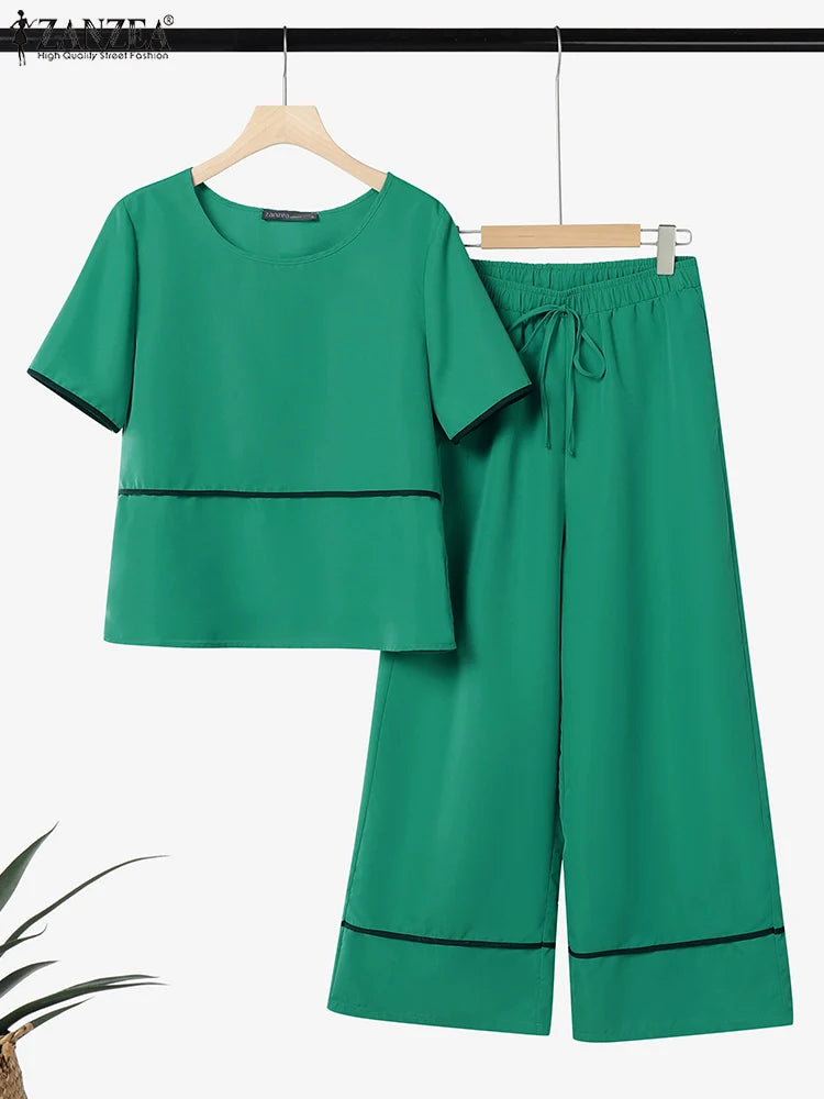 ZANZEA Outfits Wide Leg Pants 2pcs Suits Short Sleeve T-Shirts Women Elegant Casual Pant Sets Contrast-Piping 2 Piece Sets