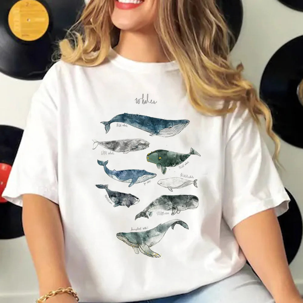 Whales t shirt women crew neck active wear Japanese tshirt female anime y2k clothes