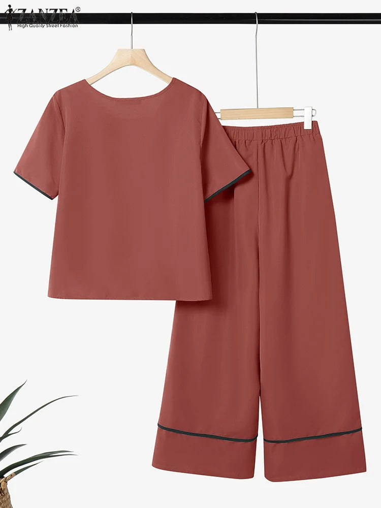 ZANZEA Outfits Wide Leg Pants 2pcs Suits Short Sleeve T-Shirts Women Elegant Casual Pant Sets Contrast-Piping 2 Piece Sets