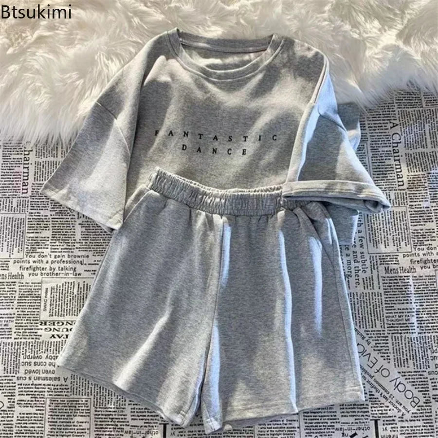 2025 Summer Women Shorts Sets Casual Two Pieces Short Sleeve T Shirts and High Waist Short Pants Solid Outfits Tracksuit 2PCS