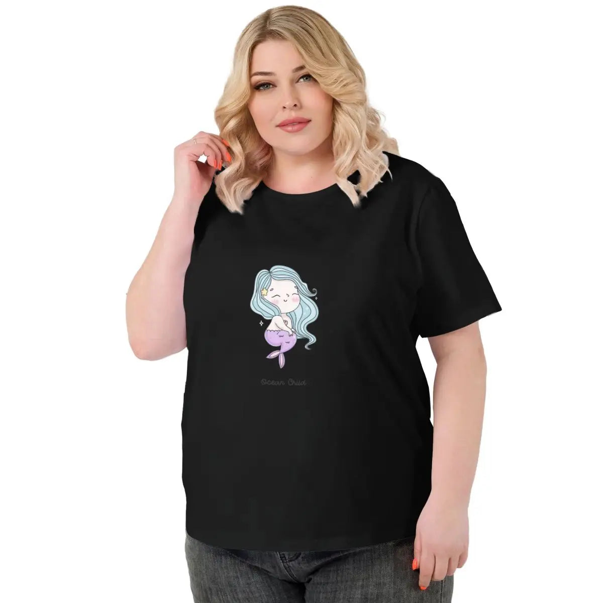 Toon Mermaid Women plus size T-shirt, fashionable and versatile, street hip-hop trend, cartoon cool, high-end