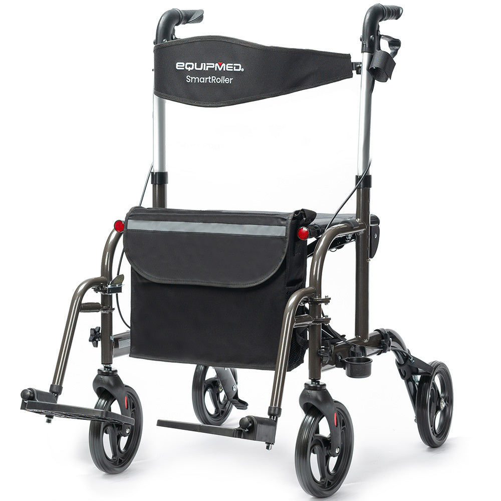 NNEMB 2-in-1 Foldable Aluminium Walking Frame Rollator and Transit Wheelchair with Bag-Titanium colour-0