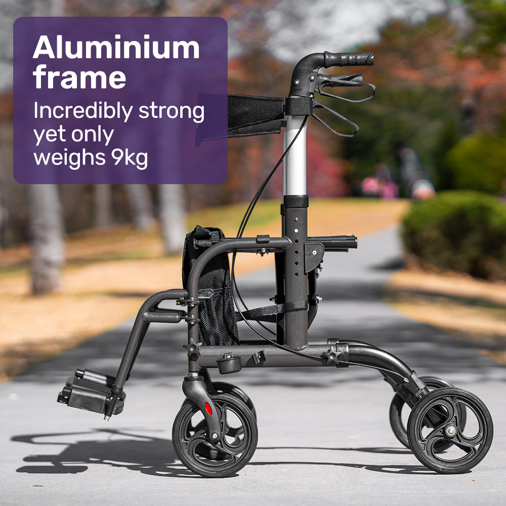 NNEMB 2-in-1 Foldable Aluminium Walking Frame Rollator and Transit Wheelchair with Bag-Titanium colour-1