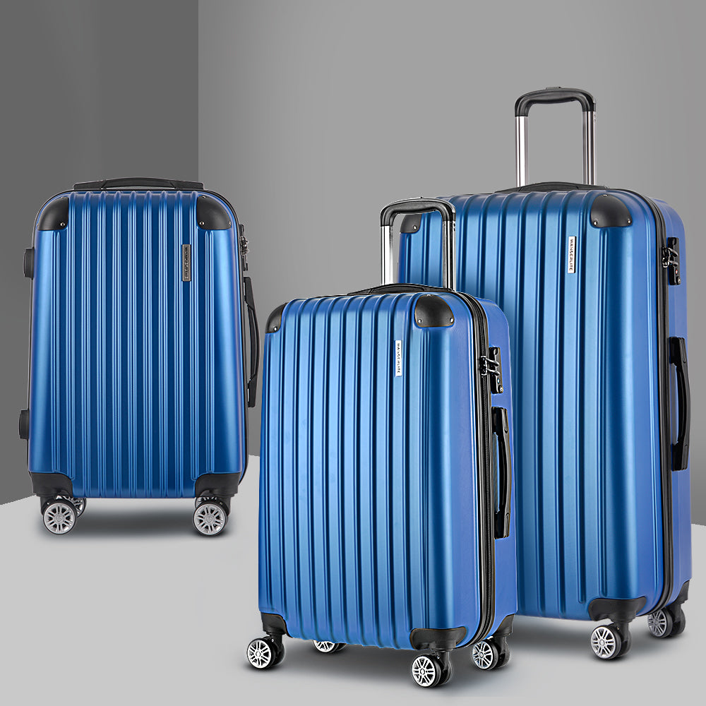Wanderlite 3 Set Luggage 20-24-28 Inch with Zipper Lock Carry On Hard Shell Travel Suitcase Luggage Case Blue