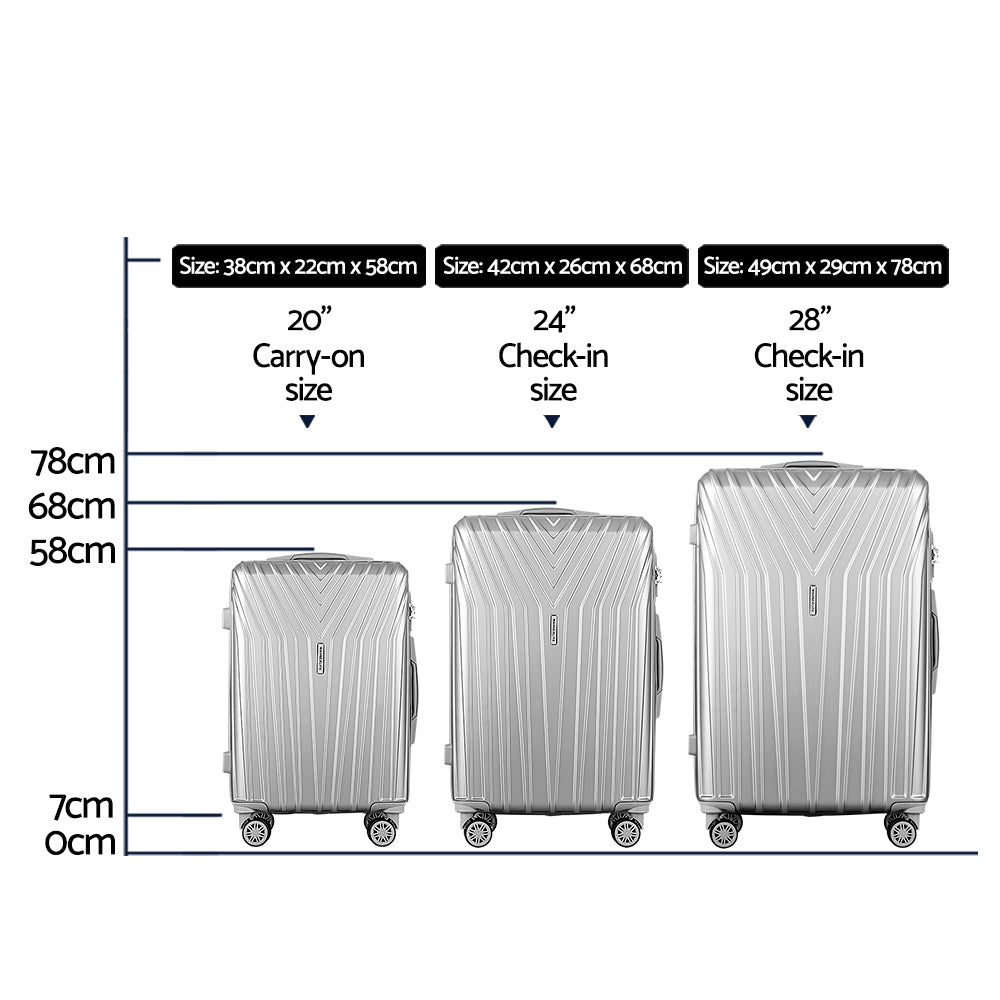 Wanderlite 3 Set Luggage 20-24-28 Inch Suitcase with TSA Lock Carry On Hard Shell Travel Luggage Organiser Case Silver