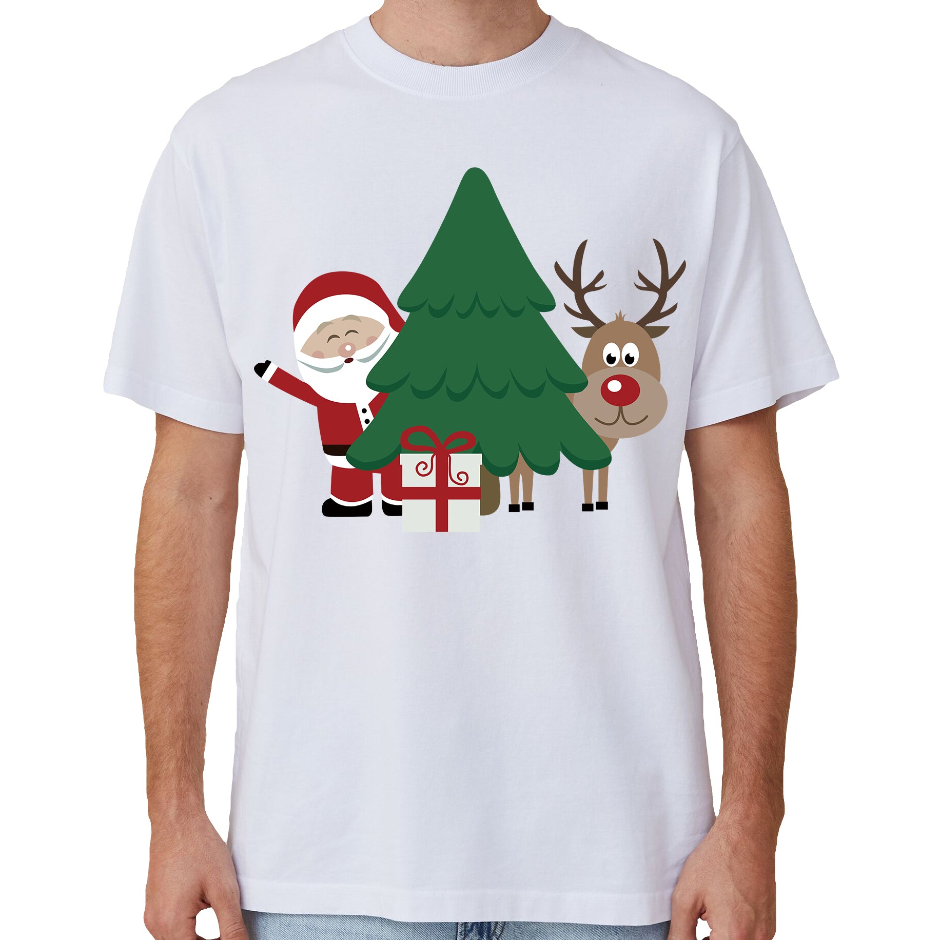 Cotton Christmas T-Shirt - Santa with Tree Design L