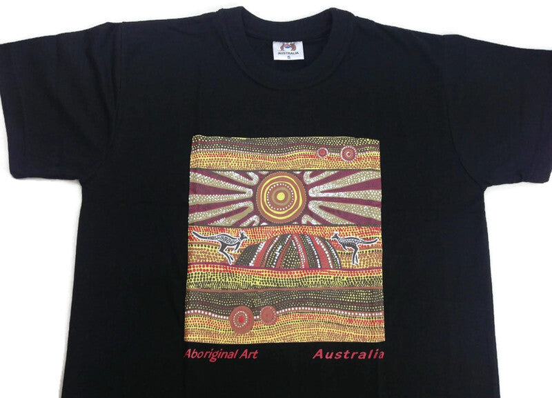 Mens Australia T Shirt Aboriginal Art 100% Cotton Souvenir Indigenous Tee - Black - M