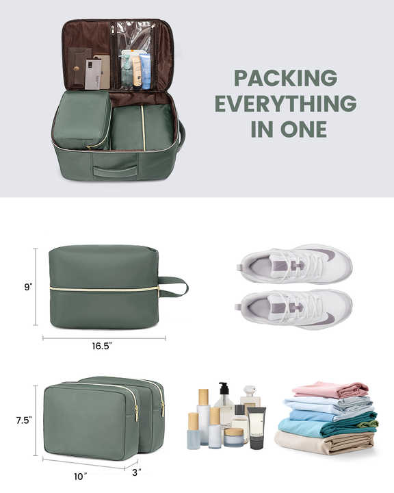 Bean Green 40L Large Capacity Travel Business Backpack with Expandable Compartments, Including 2 Toiletry Bags and Shoe Bag - Durable Oxford Fabric