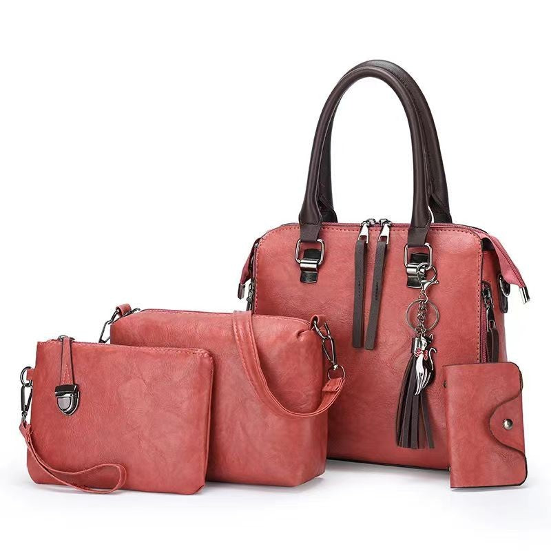 Pink 4-Piece Women's PU Leather Tote Bag Set - Vintage Handbag, Shoulder Bag, Clutch, and Card Holder - Lightweight Design