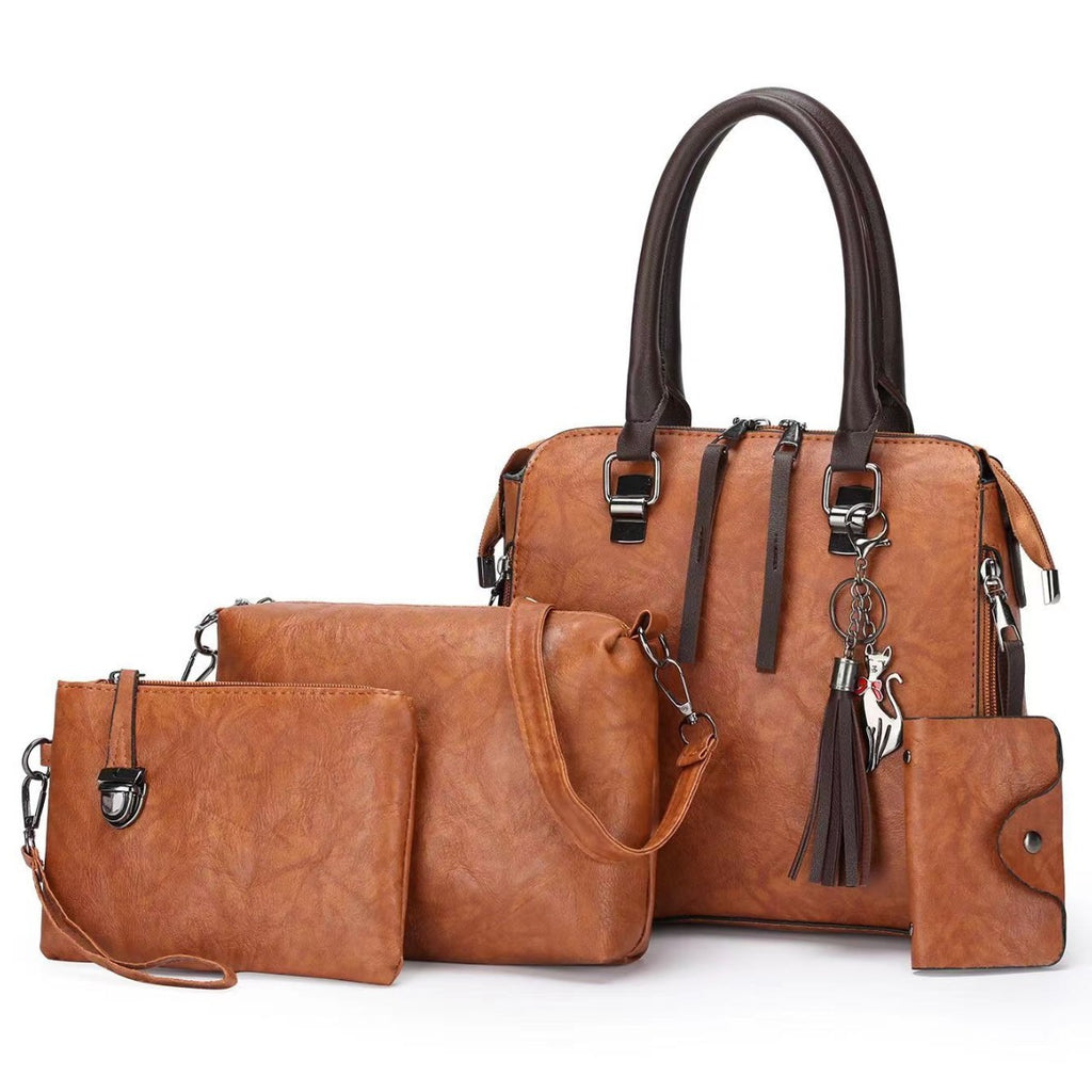 Brown 4-Piece Women's PU Leather Tote Bag Set - Vintage Handbag, Shoulder Bag, Clutch, and Card Holder - Lightweight Design
