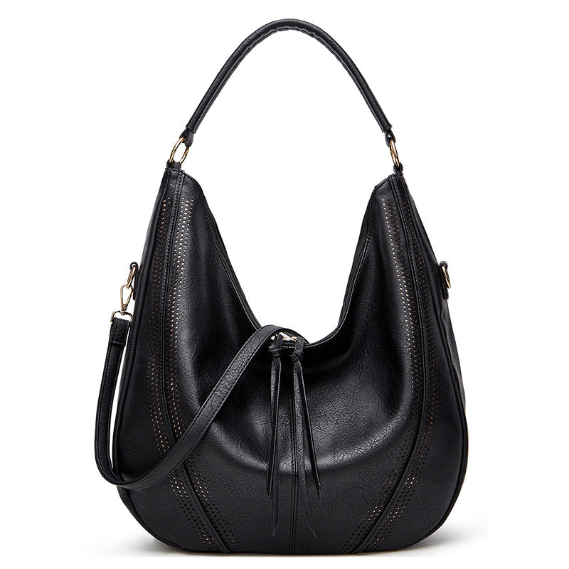 Black Distressed Faux Leather Hobo Bag - Large Capacity Shoulder Bag for Women