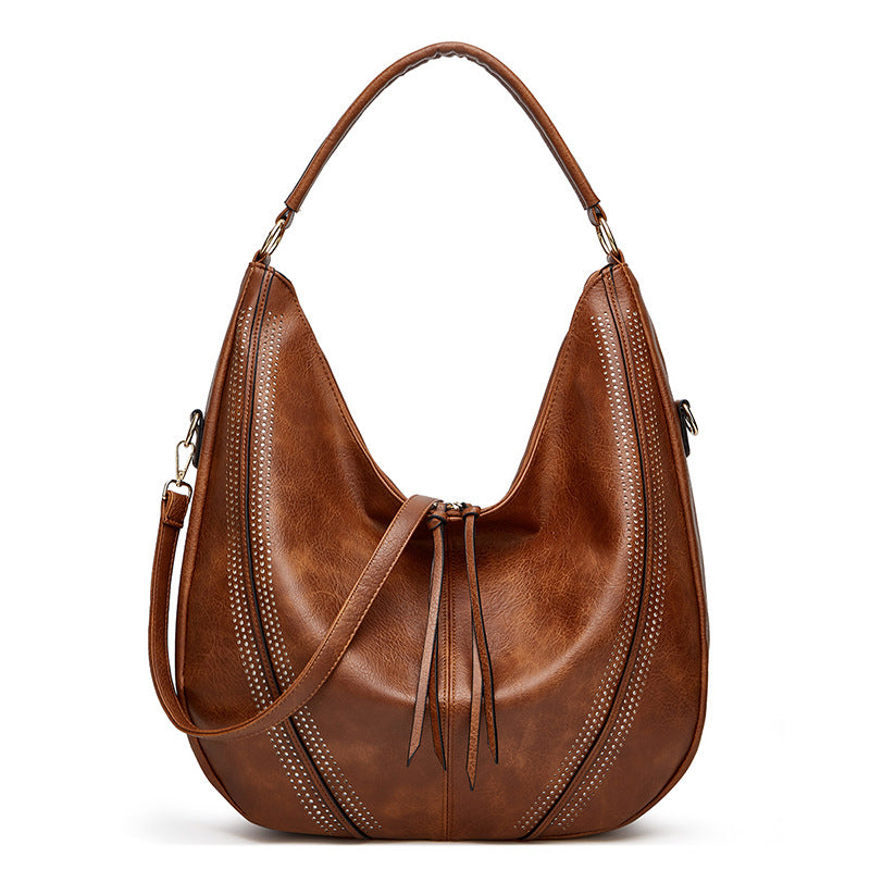 Brown Distressed Faux Leather Hobo Bag - Large Capacity Shoulder Bag for Women
