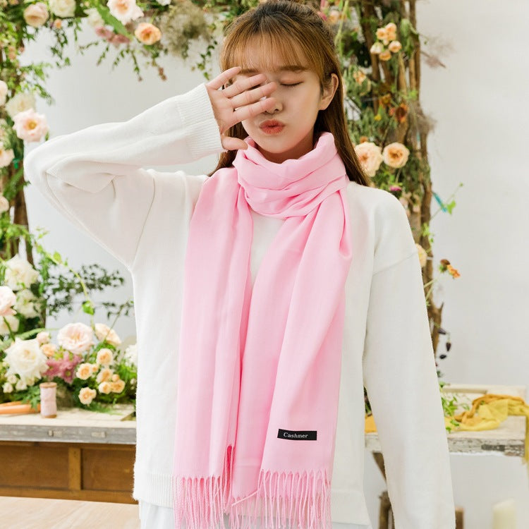 2pc Luxe Soft Imitation Cashmere Scarf - Warm Solid Tone Shawl with Elegant Fringe(Light white)