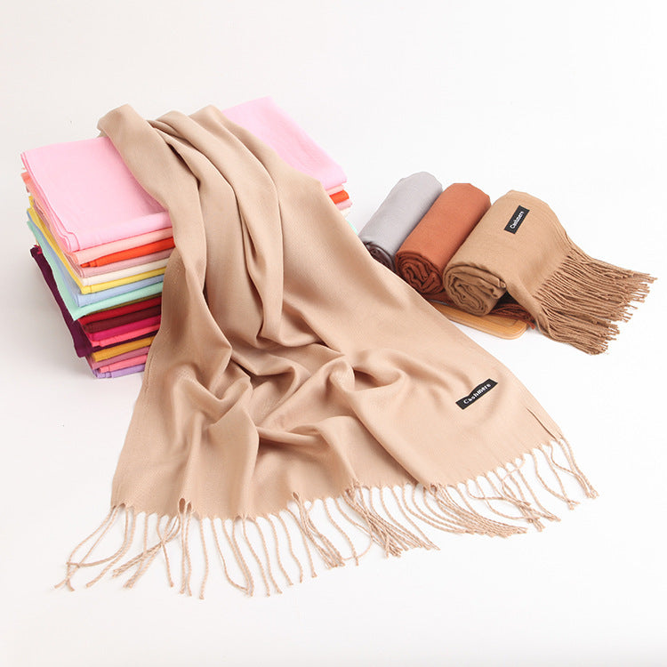 2pc Luxe Soft Imitation Cashmere Scarf - Warm Solid Tone Shawl with Elegant Fringe(Light white)