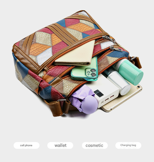 Colorful Vintage Geometric Patchwork Crossbody Bag - Women's Multi-Pocket PU Leather Shoulder Purse