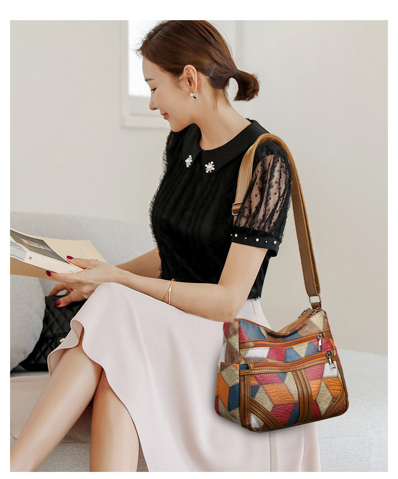 Colorful Vintage Geometric Patchwork Crossbody Bag - Women's Multi-Pocket PU Leather Shoulder Purse