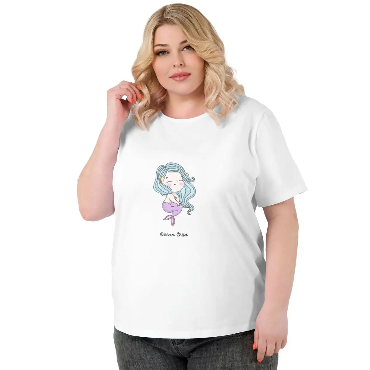 Toon Mermaid Women plus size T-shirt, fashionable and versatile, street hip-hop trend, cartoon cool, high-end