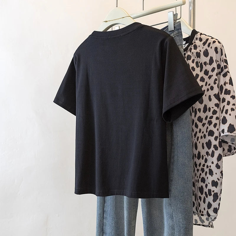 Summer Women False Two pieces T-shirt 4XL Round Neck Short Sleeve Patchwork Top French Casual Fashion Loose Female Black Tees
