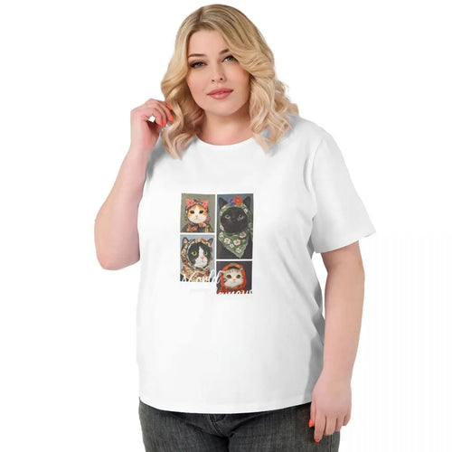 A Cat With A Headband Women plus size T-shirt, fashionable and versatile, street hip-hop trend, cartoon cool, high-end
