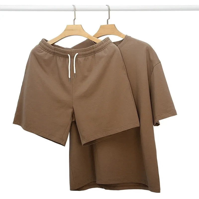 High Quality 100% Cotton Summer 2 Piece Set Man Street Style Brown T-shirt and Short Set Plus Size Blank Tracksuits Set for Men