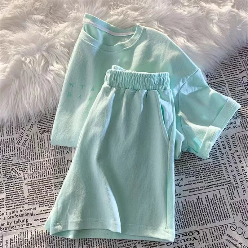 2025 Summer Women Shorts Sets Casual Two Pieces Short Sleeve T Shirts and High Waist Short Pants Solid Outfits Tracksuit 2PCS