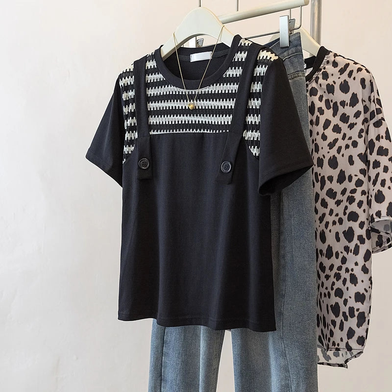 Summer Women False Two pieces T-shirt 4XL Round Neck Short Sleeve Patchwork Top French Casual Fashion Loose Female Black Tees