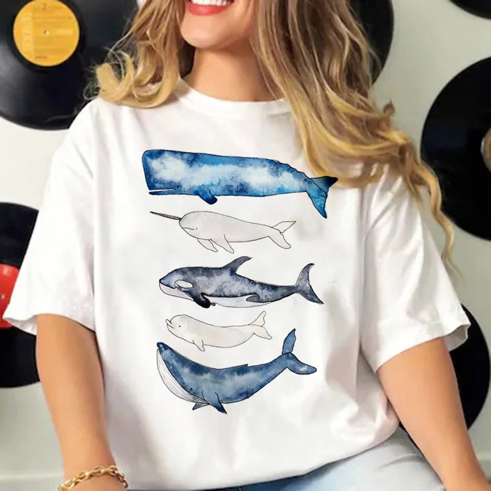 Whales t shirt women crew neck active wear Japanese tshirt female anime y2k clothes