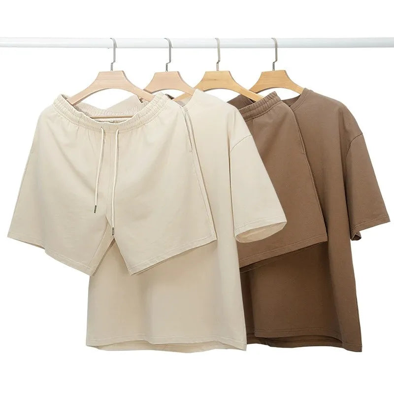 High Quality 100% Cotton Summer 2 Piece Set Man Street Style Brown T-shirt and Short Set Plus Size Blank Tracksuits Set for Men